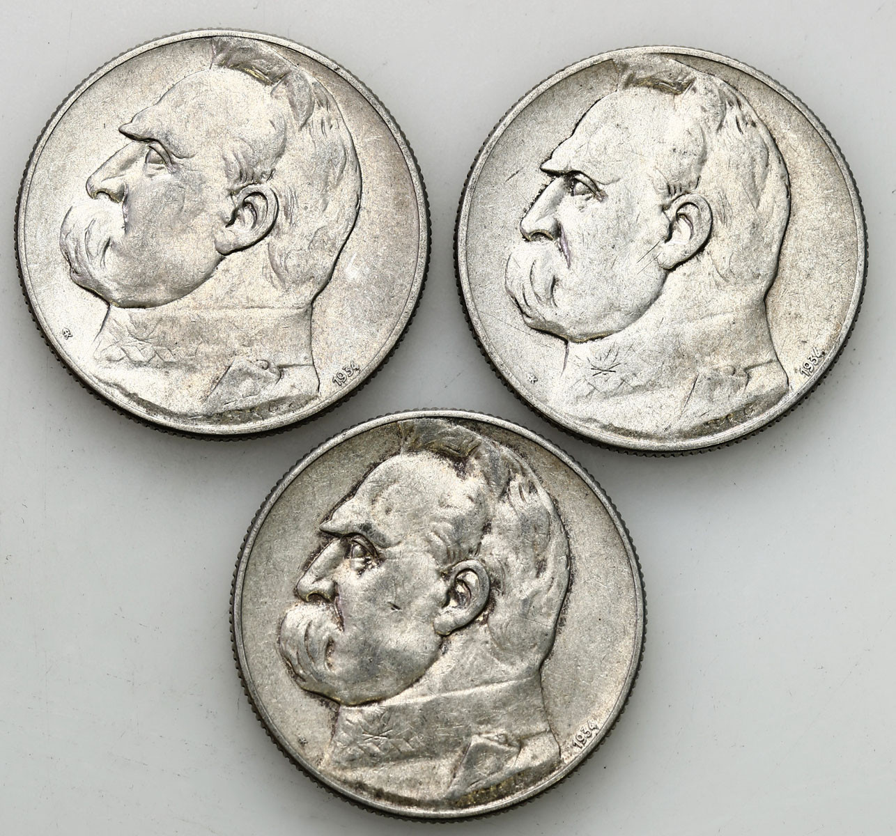 II RP. 5 złotych 1934 Piłsudski strzelecki, zestaw 3 monet